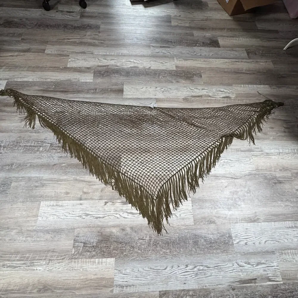 Vintage 90s Y2K Chico's Beaded Fringe Triangle Shawl Wrap Olive Boho Festival